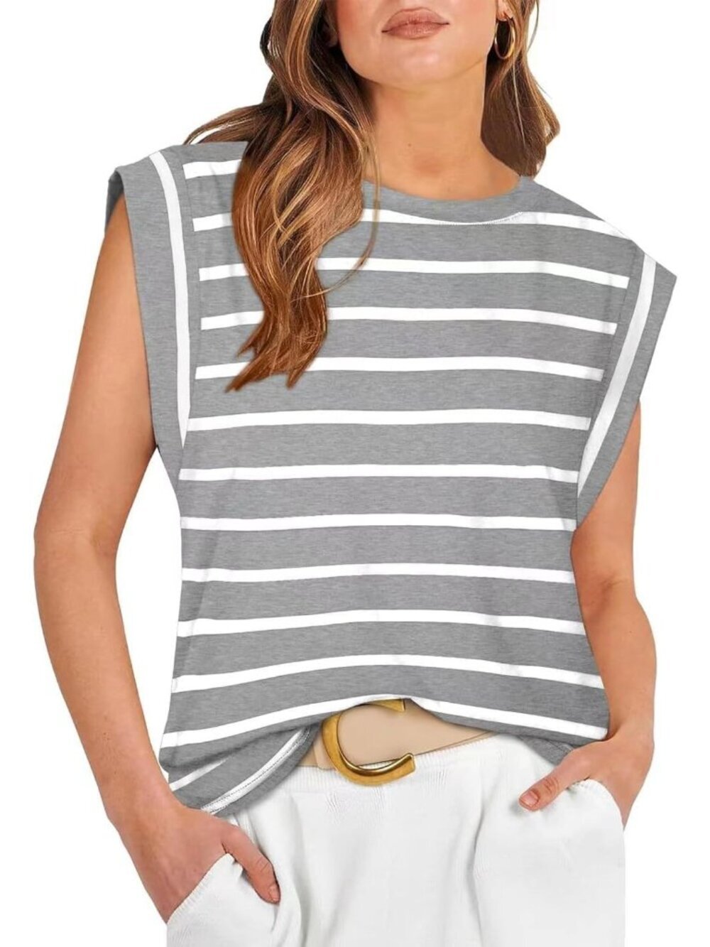 Women's Grey Pull On Cap Sleeve Tank Tops Sleeve Striped Business Basic Shirts